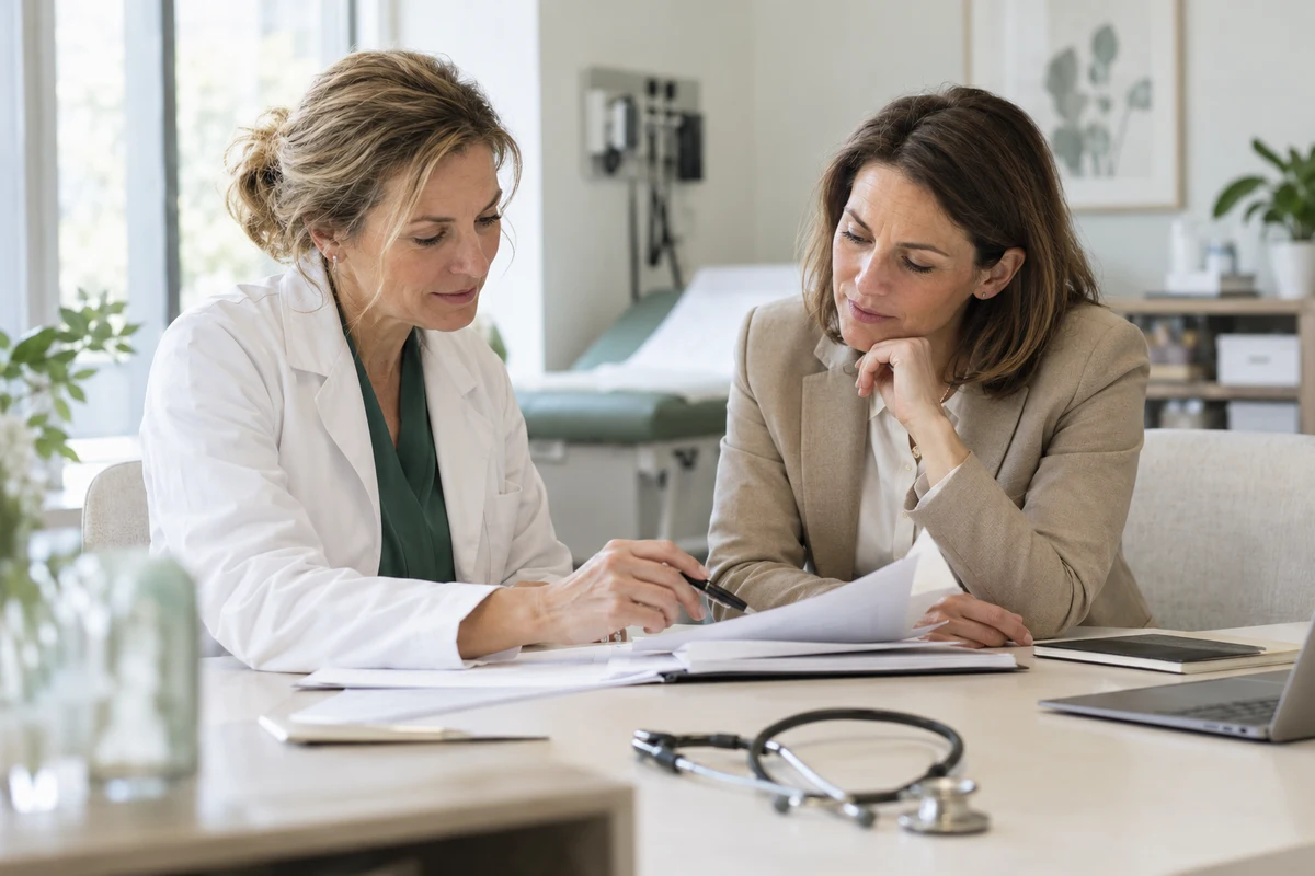 Illustrative AI-generated image of a clinical director and colleague reviewing agreements