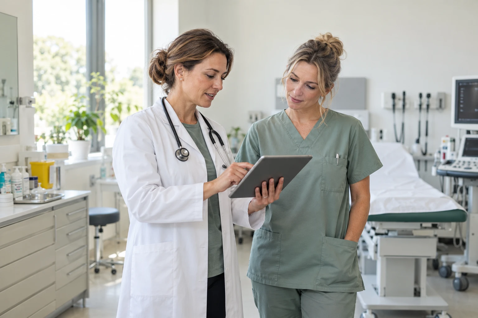 Illustrative AI-generated image of a physician and nurse discussing care in a bright clinic