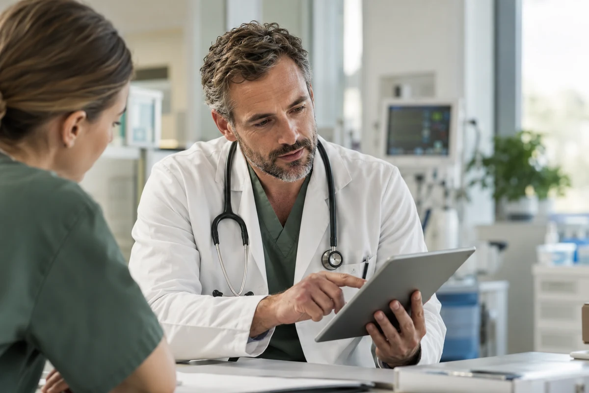 Illustrative AI-generated image of a physician reviewing a tablet with a colleague